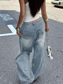Spring 2026 High Waisted Oversize Baggy Jeans | Vintage Washed Denim | Loose Drape Street Casual Versatile Daily Wear Pants (Multi-Colors) - Màu xanh lam - Xem 2