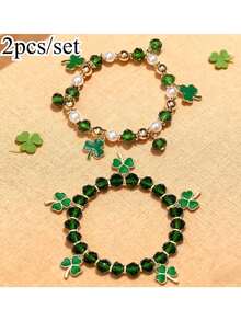 2pcs St. Patrick's Day Irish Festival Green Four-Leaf Clover Lucky Bracelet - Fresh And Cute Green Bracelet Suitable For Party Or Daily Wear - Unisex - Green - View 2