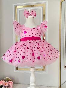Baby Girls Love & Cap Sleeve Mesh Tulle Princess Party Pink Dress, Elegant Birthday Gift Dress For Girls, Suitable For Birthday, Wedding, Holiday Celebration - Dusty Pink - View 2