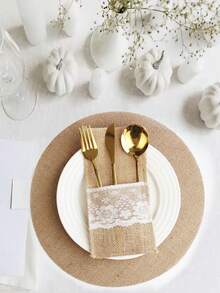 50pcs/30pcs/20pcs/12pcs/10pcs Round Linen Coarse Burlap Placemats, Heat Insulation Pads, Heat Resistant Table Mats, Suitable For Kitchen And Dining Room, Can Be Used As Wedding Tablecloth, Wedding Decor, Home Decor, Room Decor, Applicable For Wedding Party, Birthday Party, Family Gathering, Restaurant Decoration - Khaki - View 5