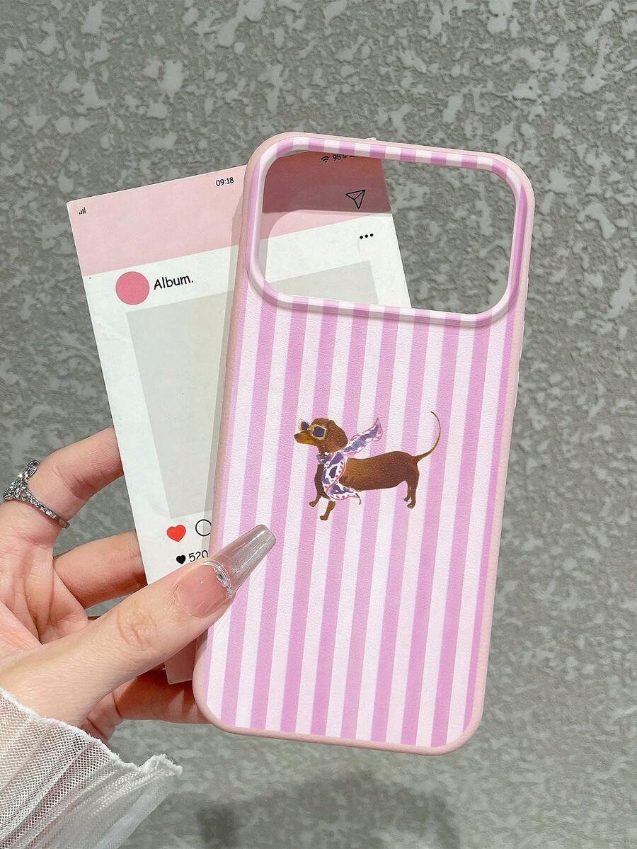 Pink Stripe Dachshund Soft Phone Case - Cute Y2K Aesthetic, Puppy Accessory, Faux Leather Texture, Compatible With IPhone & Galaxy - Pink - View 1