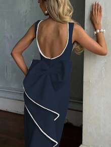 优雅浪漫假日约会舞会礼服、圣诞派对礼服、性感露背珍珠蝴蝶结派对礼服（女士款） - 寶藍色 - 查看 3