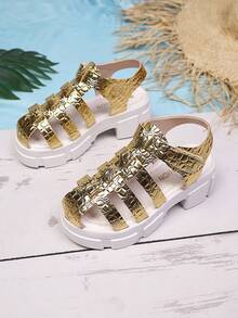 新款时尚女童罗马凉鞋，优雅公主鞋，鳄鱼纹金色高跟凉鞋，适合夏季日常穿着、派对和海滩活动 - 金色 - 查看 2