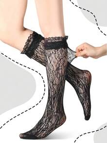 1 Pair Women's Heart Pattern Lace Thigh High Stockings Ruffle Trim Bowknot Over Knee High Socks - Multicolor - View 4