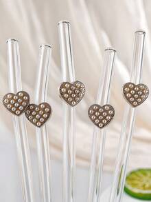 1pc Elegant Pearl Heart Shaped Reusable Transparent Bent Straw, Kitchen Accessory, Cup Essential, Back To School Gift, Valentine's Day Party Favor - Clear - View 5