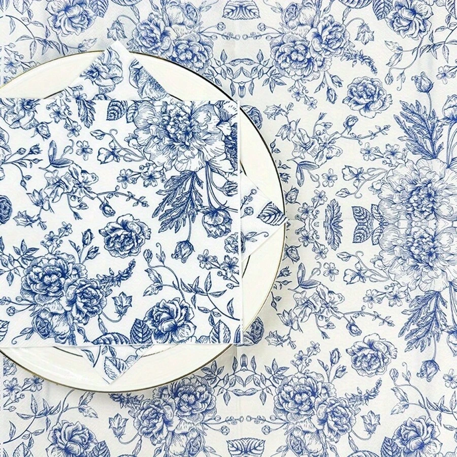 Bộ 20/60/100 khăn ăn họa tiết hoa cổ điển, chất liệu sứ xanh trắng, lý tưởng cho đám cưới, sinh nhật, tiệc ngoài trời - hoàn hảo cho nhà hàng, nhà bếp, quán cà phê, trang trí hoa.