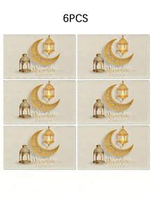 1/4/5/6/7 piezas Conjunto de decoración de medialuna, estrella, farol de Ramadán, textura de lino cómoda, decoraciones de Eid Al-Fitr, mantel de mesa de Ramadán, mantel de mesa Eid Mubarak - Multicolor - Ver 16