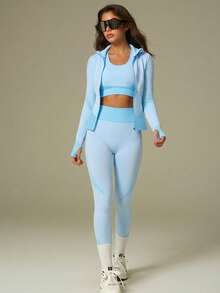 UONNOU 三件套女士运动服套装，包括文胸+长袖上衣+长裤塑形套装，女士户外休闲服，运动服，塑形服，紧身服，夹克款式，机车风格，立领，全开拉链，运动拇指孔设计，交叉肩带文胸背心，超短塑形上衣，提臀，收腰收腹，塑造腿部线条，让您看起来更苗条，运动紧身长裤，高弹力高塑形，蜂窝无缝针织柔软面料，适合运动和户外活动、瑜伽、健身、跑步、休闲日常、通勤、聚会和节日等，时尚运动户外套装，适合所有季节，秋冬春秋皆宜。 - 天藍色 - 查看 11