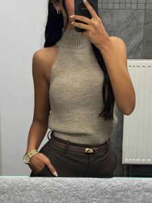 Women's Sleeveless Ribbed Knit Halter Neck Top, Made Of Knit Fabric With Medium Stretch, Suitable For Everyday Wear - Khaki - View 1