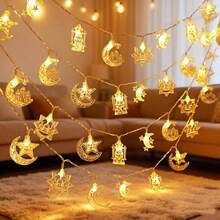 1pc Moon Star Kerosene Castle String Lights,10/20 LED, Bedroom Lights, Ramadan Kareem, Home Decoration (Batteries Not Included) - Star Subscription + Moon and Castle Elements - View 1