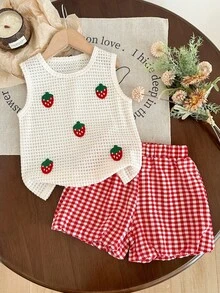 女童草莓刺绣套装，夏季针织无袖背心+红白格子短裤，清新甜美风格，儿童两件套，柔软透气，宽松版型，时尚百搭，适合夏季女童穿着 - 紅色 - 查看 1