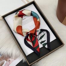 Women's  Floral Print Faux Silk Scarf, Colorful Square Silk Handkerchief, Elegant High-End Neck Scarf, Fashionable Accessory For Daily Wear & Special Occasions - 棕色花卉 - 查看 11