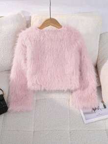 Girls' Pink Faux Fur Long Sleeve Jacket, Fashion Autumn/Winter Faux Fur Coat For Girls - Baby Pink - View 2