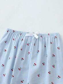 2pcs Plaid Cherry Print Pajama Set, Sweet & Cute Lapel Button Long Sleeve Top And Pants, Suitable For Women Home Wear, Autumn/Winter - Blue - View 6