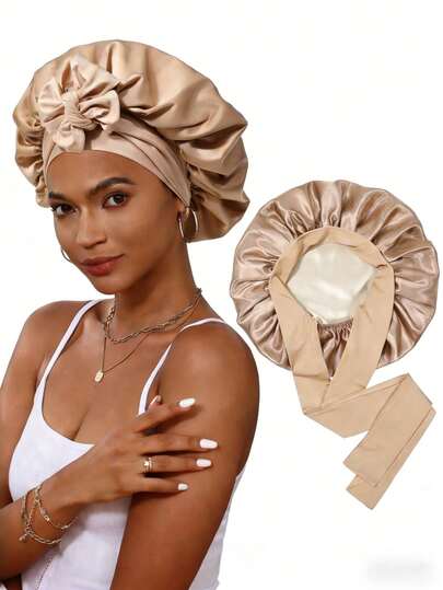 1 st vändbar sovmössa i satin för kvinnor, hårmössa med dubbla lager och elastisk dragsko, hårvårdsmössa med bred brätte och hög elasticitet, hårmössa med rosett, lämplig för lockigt hår, dagligt nödvändigt, alla hjärtans dag-present