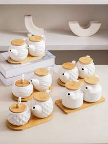 1 Set White Ceramic Kitchen Storage Jars & Spice Rack With Bamboo Tray, Ceramic Spice Jars With Natural Bamboo Lids, Creative Nordic Style Diamond & Wave Pattern, Suitable For Hotel, Restaurant, Home Kitchen Seasoning Bottles, Oil, Vinegar, Spices - White - View 1