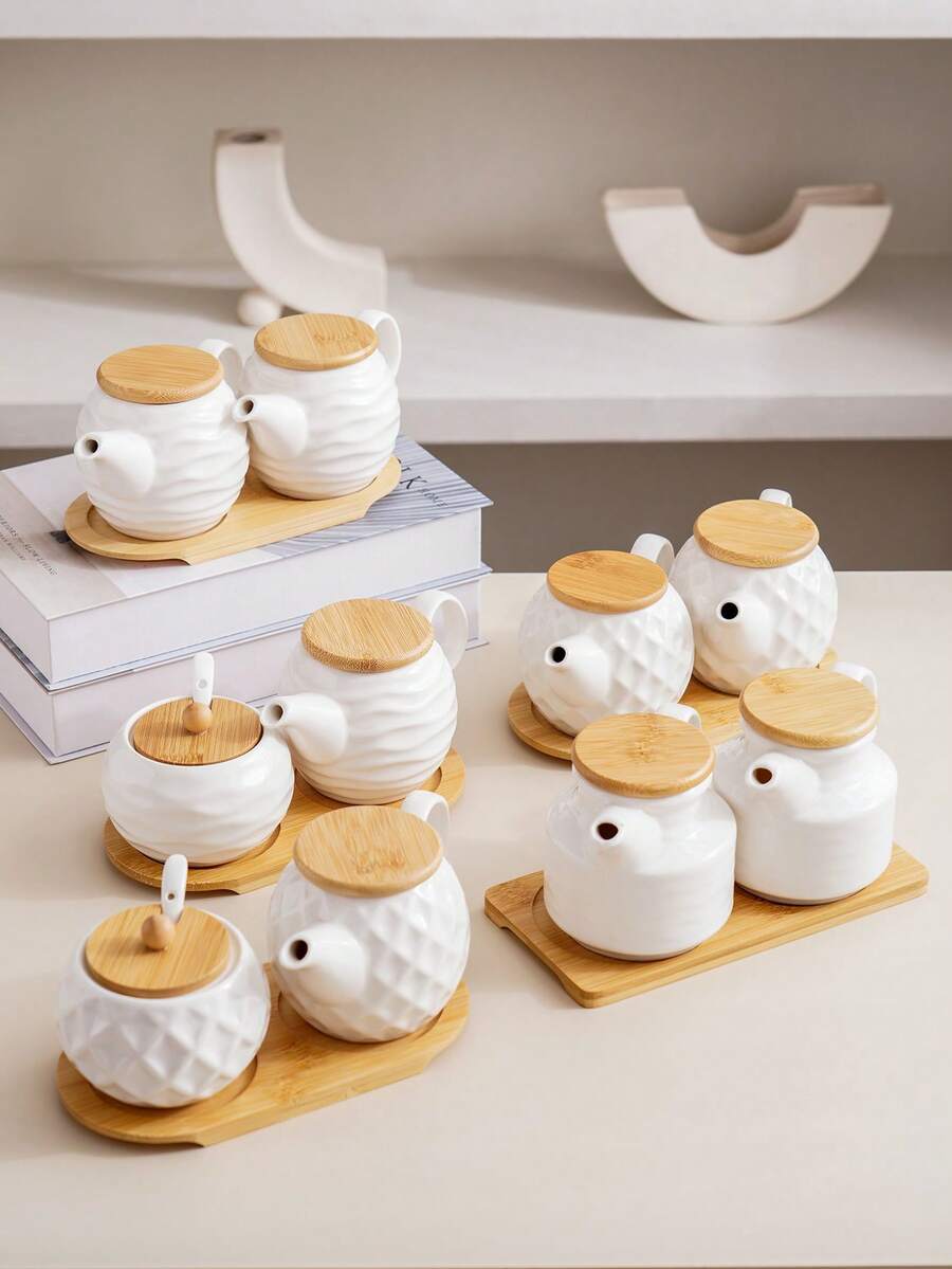 1 Set White Ceramic Kitchen Storage Jars & Spice Rack With Bamboo Tray, Ceramic Spice Jars With Natural Bamboo Lids, Creative Nordic Style Diamond & Wave Pattern, Suitable For Hotel, Restaurant, Home Kitchen Seasoning Bottles, Oil, Vinegar, Spices - White - View 1