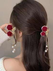 1pc Women's Small Metal Flower Rhinestone Hair Claw Clip, Suitable For Daily Wear - Red - View 2