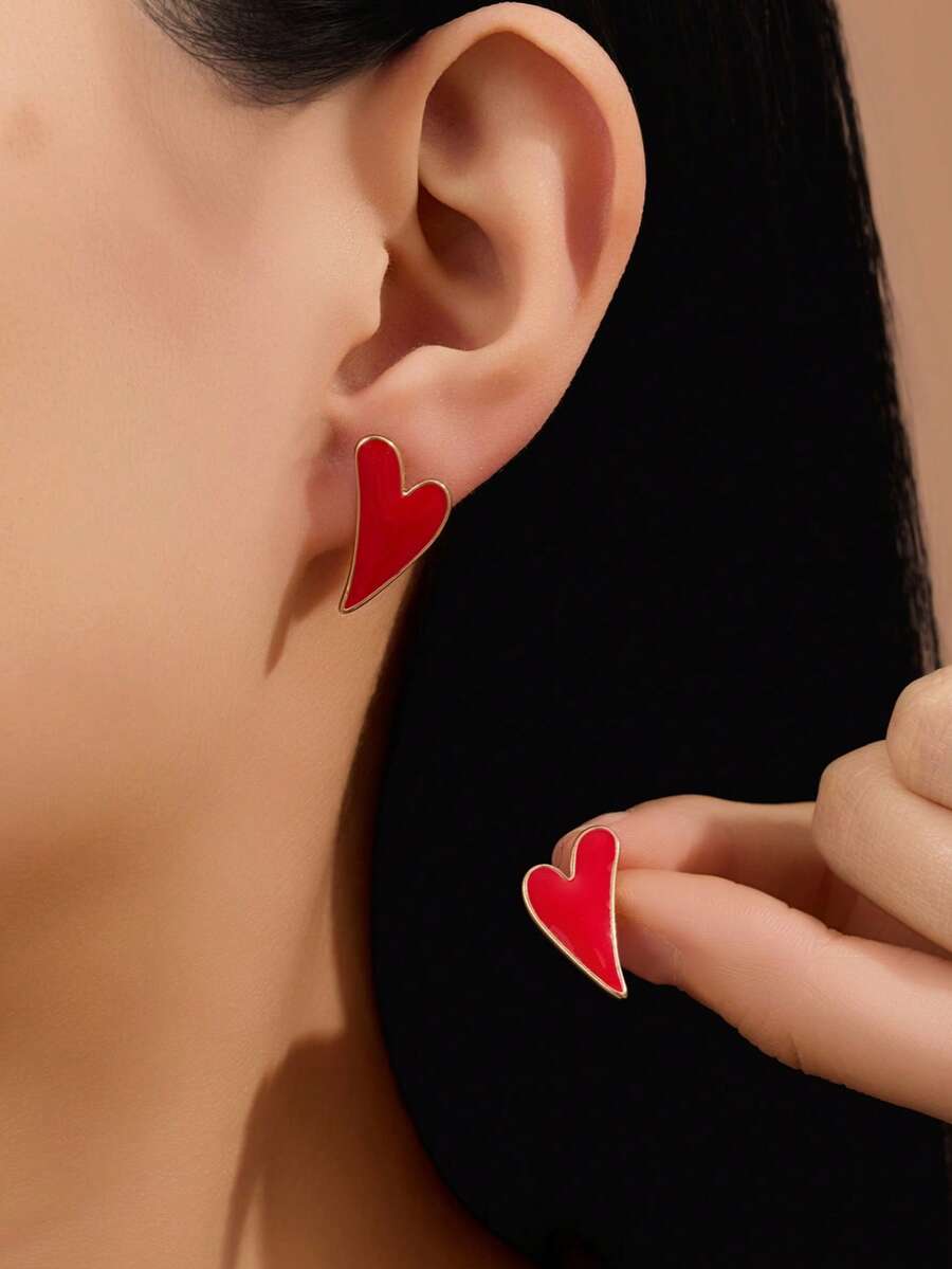 1 par de nuevos pendientes de botón con forma de corazón asimétrica para el Día de San Valentín 2026, pendientes minimalistas y versátiles de moda para mujer, para fiestas y uso diario, regalo de San Valentín - Rojo - Ver 1