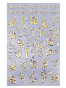 3D金色爱心水钻美甲贴纸2件装金属镂空甜心项链钥匙蝴蝶结链条粉色透明宝石饰品吊坠情人节美甲技巧女士女孩礼物DIY全息浪漫时尚婚礼节日自粘贴纸滑块美甲装饰用品 - 金色 - 查看 4