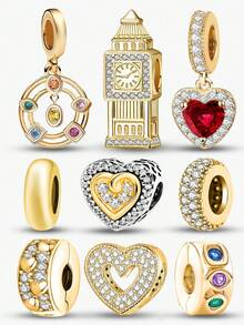 1件925纯银心形系列大铃铛6珠能量石吊坠，适合女性珠宝DIY手链 - 金色 - 查看 12