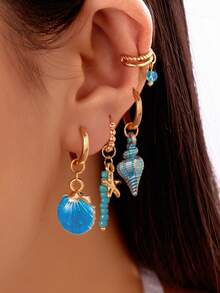 4pcs/Set Fashionable Bohemian Ocean Style Earrings Set For Women - Blue - View 3