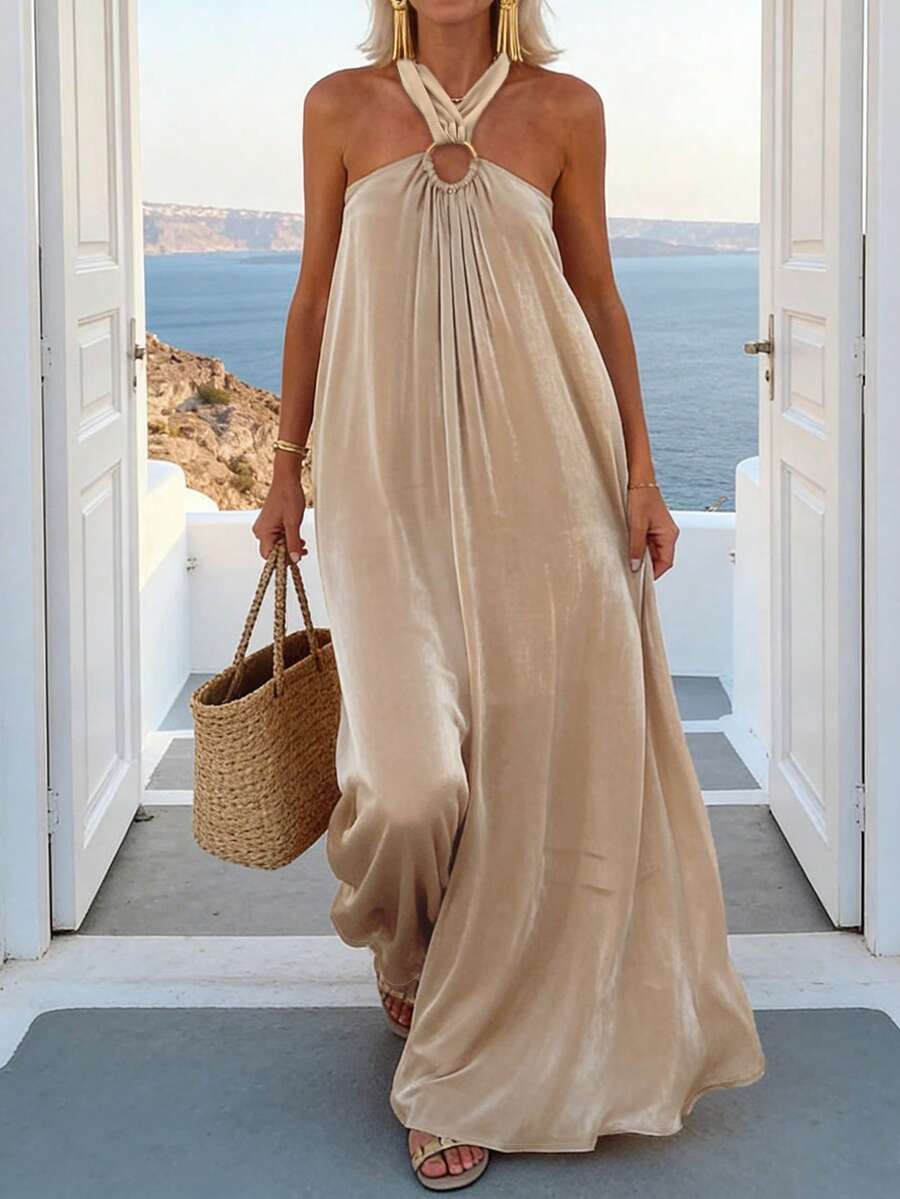 Vestido largo sin espalda de tela ligera con cinturón elástico en la cintura, estilo vacacional para primavera/verano - Dorado - Ver 1