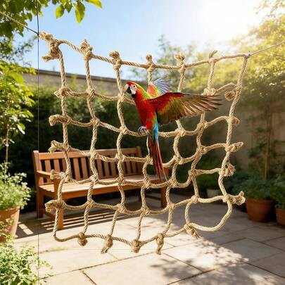 1pc 15.75" X 15.75" Parrot Climbing Net | Linen Material Playpen With Hooks, Suitable For Medium To Large Parrots, Squirrels, Hamsters, Indoor & Outdoor Decor