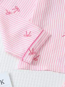 2pcs Striped Bow Print Pajama Set, Sweet & Cute Lapel Button Long Sleeve Top And Pants, Suitable For Home Wear, Autumn/Winter - Pink - View 5