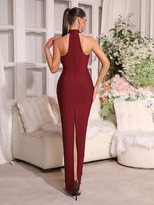 Modphy New Elegant Women's Long Dress, Luxury Pearl Design, Bodycon Maxi Dress, Stand Collar Sleeveless Black Bow Design, Back Slit Pencil Skirt, Bridesmaid Dress, Evening Party, Holiday, Birthday Party Dress, Maxi Dress - Burgundy - View 9