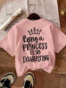女童宽松圆领T恤一件，趣味“当公主好累”印花，面料柔软舒适 - 适合日常玩耍、休闲外出和春夏聚会 - 粉色 - 查看 2
