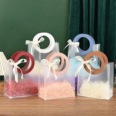 10个/1个磨砂透明圆形手提袋，不含丝带，适用于情人节礼物、结婚礼物、糖果伴娘礼物、珠宝店购物袋、婚礼伴娘礼物，也适用于婚礼、生日、情人节等场合，PP材质磨砂透明圆形手提袋