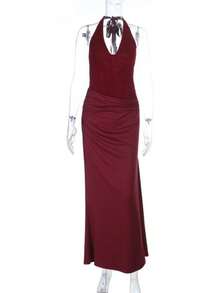 Vestidos Elegantes De Mujer Formal Gowns For Women Evening Elegant Vacation Outfits Women Paneled Bodycon Maxi Dress Shimmery Knit Deep V Halter Formal Gown Vestidos Elegantes De Mujer Formal Gowns For Women Evening Elegant - 酒紅色 - 查看 6