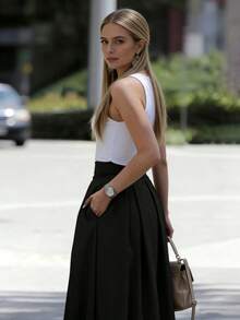 Falda de corte A de unicolor de cintura alta para looks de mujer - Negro - Ver 9