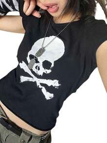 Women's Y2k Grunge Short Sleeve T-Shirt Round Neck Slim Fit Baby Tee Gothic Skull Print Party Shirts Vintage Casual Going Out Tops Streetwear - Hồng - Xem 2