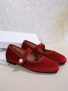 Sapatos femininos de bico quadrado, modelo Mary Jane, para primavera/outono, com tira e fivela de pérola sintética. Design minimalista e elegante em cores sólidas. - Vermelho - Ver 4