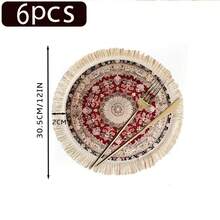 1/4/6pcs Middle Eastern Festival Series Expanding Geometric Floral Pattern Linen Printed Tassel Table Mat/Coffee Cup Coaster - Multicolor - View 17