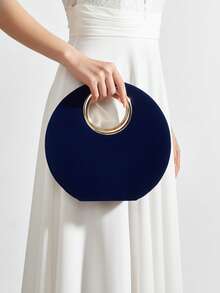 Navy Blue Women's Evening Bag, Fashion Elegant Metallic Handle, Velvet Round Clutch, Suitable For Evening Gown, Weddings, Galas, Parties, Includes Detachable Chain Strap - Navy Blue - View 2