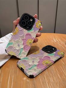 1件装时尚个性化紫白花黄心油画印花竖条纹仿皮软壳保护手机壳，适合作为生日、节日礼物送给朋友、家人、情侣，兼容 17/17 Air/17 Pro/17 Pro Max、16/16 Plus/16 Pro/16 Pro Max、15/15 Plus/15 Pro