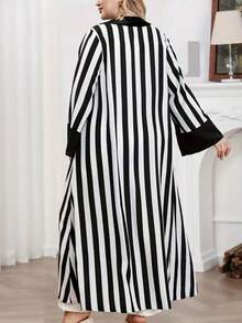 女士长袖前开条纹休闲长款阿拉伯风格简约长袍 - 黑與白 - 查看 3