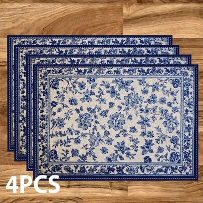 1/4/6 Pcs Chinese Blue And White Porcelain Style Placemats, Linen Dining Table Mats With Traditional Lantern Pattern, Washable Printed Tablemats, Surface Protection Pads, Ideal Decor For Holiday Kitchen And Family Gatherings