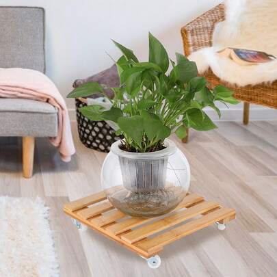 Bamboo Rolling Plant Stand With Wheels: Portable Flower Stand For Patio And Garden.