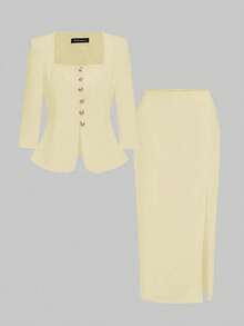 两件套魅力套装，法式优雅日常通勤商务精致复古风约会装：收腰七分袖方领上衣 + 直筒铅笔中长裙，精致通勤套装 - 淡黃色 - 查看 2