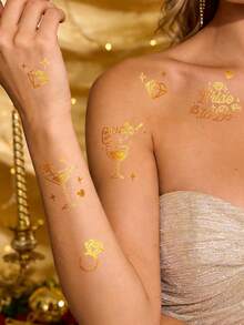 2张闪光箔金婚礼临时纹身贴纸 - 钻石心形戒指字母星星设计，适合情侣订婚派对，Y2K风格 - 金色 - 查看 5