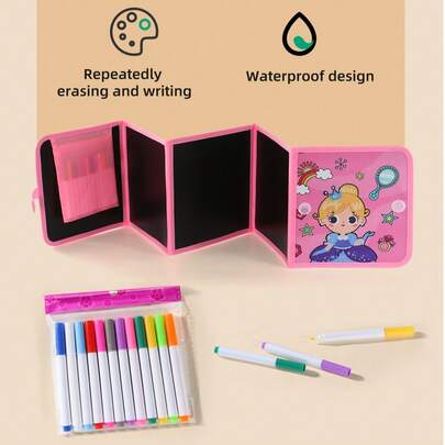 Upgraded Kids Foldable Chalkboard Book, Reusable Doodle Board To Cultivate Imagination, Portable Preschool Drawing & Writing Pad, Children's Day/Birthday Gift (Comes With 12 Colored Chalks)