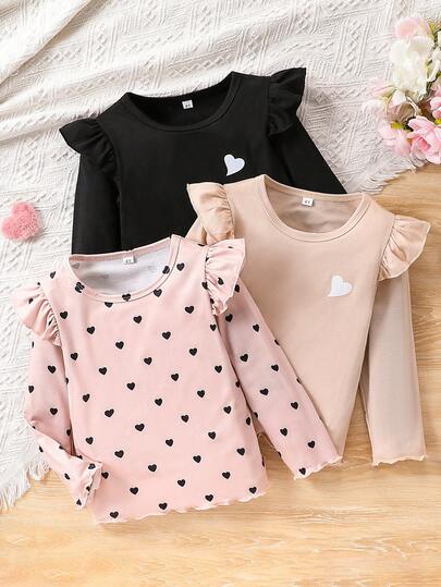3pcs/Set Young Girl Casual Heart Print Long Sleeve Round Neck T-Shirt, Suitable For Spring/Autumn, Casual, Sports, Outdoor, Daily Wear, School