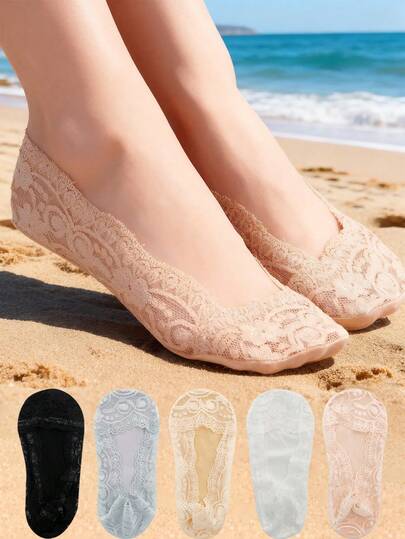 Calcetines para mujer de verano, transparentes y delgados, con diseño de flores de encaje invisible, sin mostrar, cortos, antideslizantes, de corte bajo, suaves y tipo barco