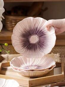 1pc Ins风格花卉陶瓷盘，不对称花卉图案釉面盘，家用餐盘，甜点盘，蛋糕盘，办公室下午茶糖果盘，西式牛排和意大利面盘，水果沙拉盘，花碗，饭碗