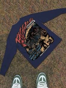 Y2k Astronaut Art Punk Long Sleeve Shirts ,Sky Double-Sided Printing,Christmas Style Graphic T Shirt Cotton,Fashionable Hip-Hop For Men -  Long Sleeve T-Shirts, Funny Vintage Shirts,Regular Fit, Street Style, Digital Print,  Ideal Gift - 寶藍色 - 查看 3