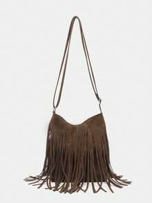 1 chiếc túi xách nữ cỡ trung bình kiểu retro bằng da lộn đơn sắc có tua rua, kiểu phương Tây phong cách Hồng Kông, đeo chéo một bên vai, đa chức năng, cá tính, tối giản, phong cách thường ngày, phù hợp cho đi làm, du lịch, mua sắm, dạo phố thường ngày dành cho phụ nữ sành điệu và sinh viên đại học. - Cà phê - Xem 4